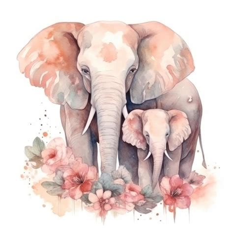 Ilustración acuarela de una madre elefante y su bebé elefante Foto