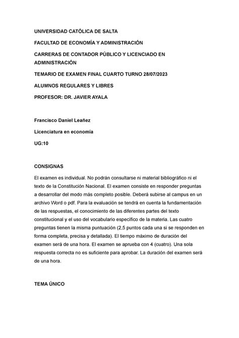 Final DE Derecho Constitucional Cuarto Turno UNIVERSIDAD CATÓLICA DE