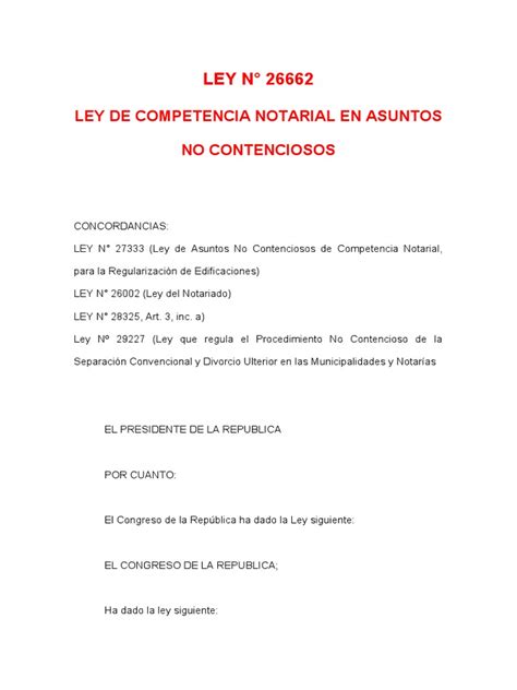 03 Ley 26662 Competencia Notarial Asuntos No Contenciosos Pdf