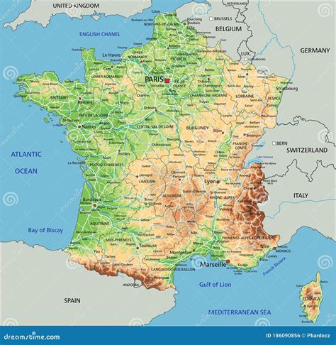 Mapa Físico Detalhado Da França Rotulagem Ilustração do Vetor