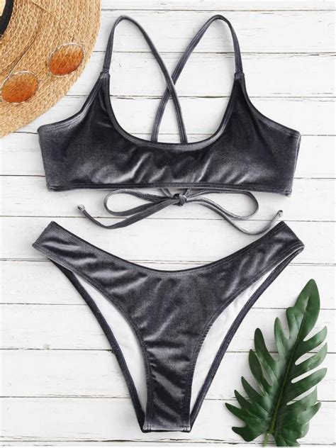 76 OFF 2021 ZAFUL Velvet Criss Cross Bikini Set In LIGHT SLATE GRAY