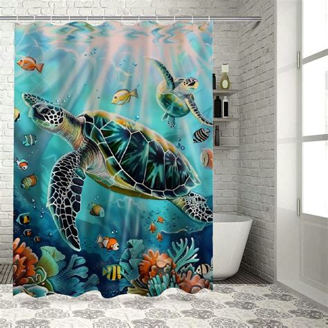 Orinice Sea Turtle Shower Curtain Set With Rugs Beach Coastal Turtle