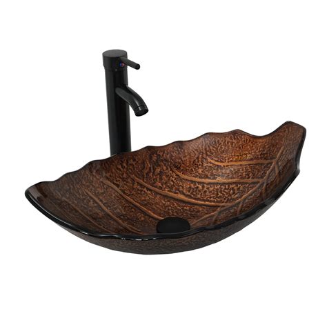 Bathroom Vessel Sink With Faucet Mounting Ring And Pop Up Drain Leaf