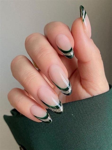 Green And Silver French Tips Silver Nail Designs Green Nail Designs