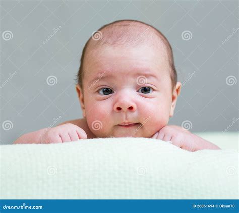 Newborn Baby Boy Lying On His Stomach Stock Photo Image Of Cheerful