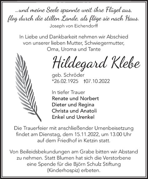 Traueranzeigen von Hildegard Klebe Märkische Onlinezeitung Trauerportal