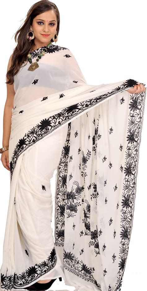 Pristine White Sari From Kashmir With Black Aari Embroidered Flowers