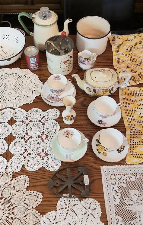 Huge Antique Thrift Haul Farmhouse Enamelware And Vintage Teacups