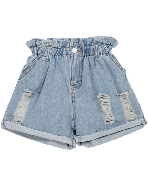 Light Blue Elastic Waist Ripped Flange Denim Shorts Shein Sheinside