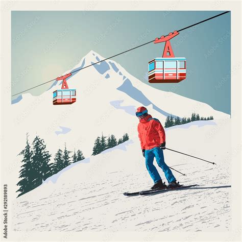 Vector Winter Poster Background Advanced Skier Slides Down The