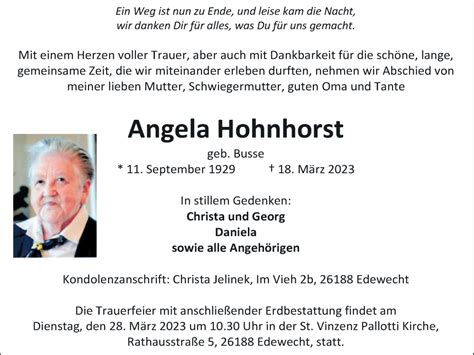 Traueranzeigen Von Angela Hohnhorst Nordwest Trauer De