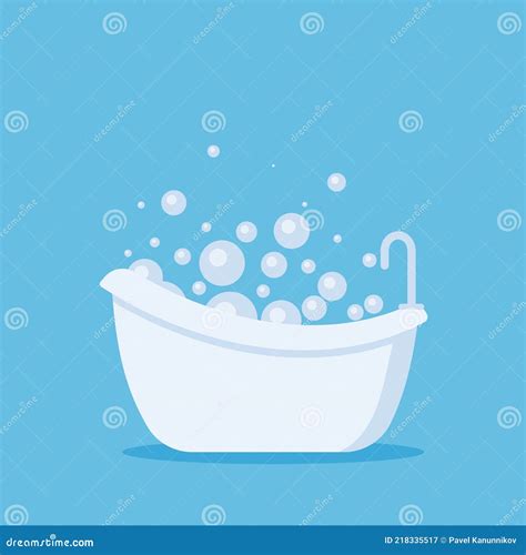 White Bathtub In Bathroom Vintage Bath And Soap Foam Bubbles On Blue