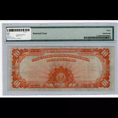 PMG 30 1922 $10 Gold Certificate Large Serial Number Fr. 1173 Speelman ...