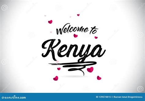 Kenya Welcome To Word Text With Handwritten Font And Red Hearts Square