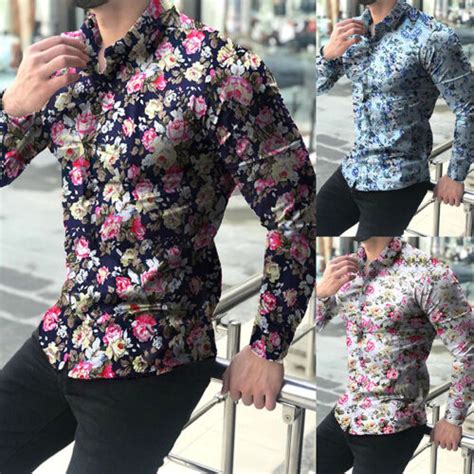 Stylish Mens Casual Dress Shirts Floral Print Long Sleeve Slim T Shirts