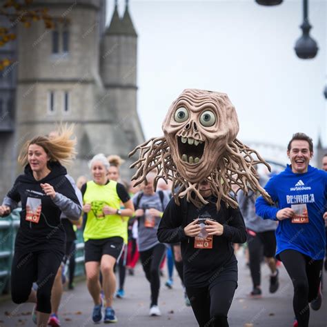 Premium AI Image | Funny halloween mask running city street images AI