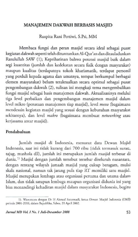 Pdf Manajemen Dakwah Berbasis Masjid Ruspita Rani Pertiwi S