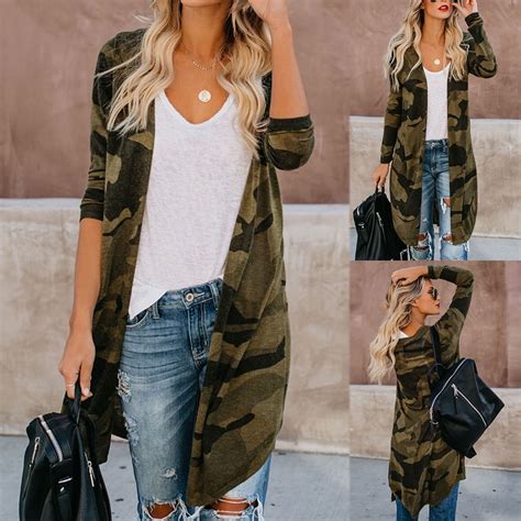 Lisingtool Cardigan For Women Womens Ladies Long Cardigan Camouflage Long Sleeve Coat Parka