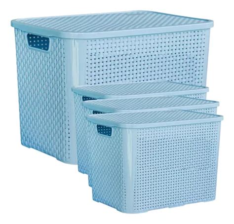 Kit 4 Caixas Rattan Organizadoras 70 E 25 Litros Tampa Cor Azul