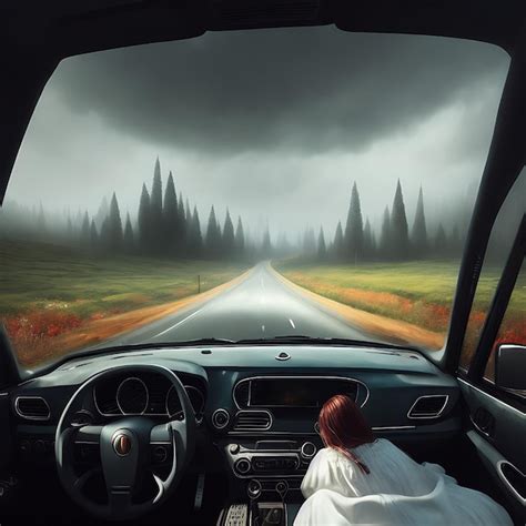 Bizarre Car Design Interior With A Girl Inside And Panoramic Misty View