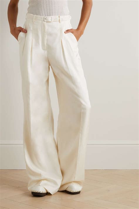 White Vargas Belted Pleated Embroidered Silk Twill Wide Leg Pants