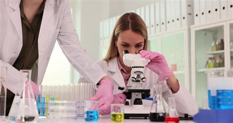 Scientist Looks In Microscope And Colleague Brings Test Tubes Stock