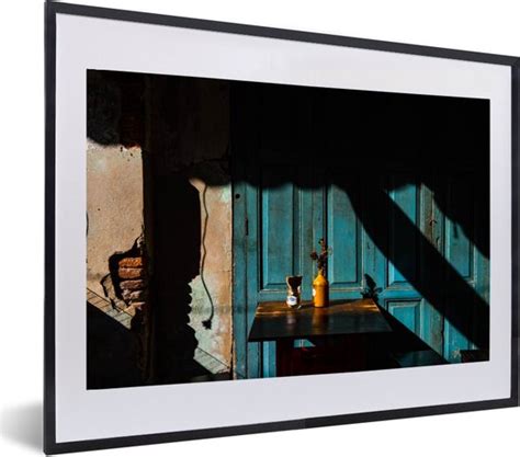 Fotolijst Incl Poster Deur Blauw Architectuur Vaas 60x40 Cm