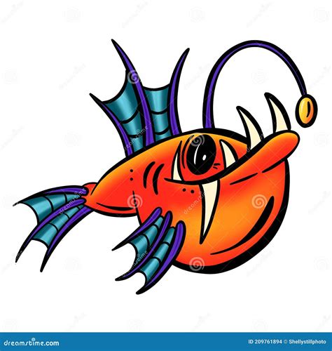 Colour Cartoon Anglerfish Fish Outline Illustration Vector Royalty Free