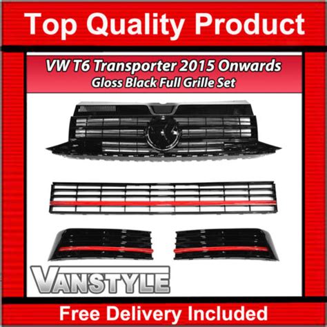 Fits Vw T6 Transporter Gloss Black Grille Set And Sportline Style Red