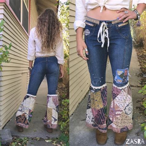 Hippy Flare Bell Jeans Size 9patchwork Jeansboho Jeans By Zasra Upcycle Clothes Hippie Jeans