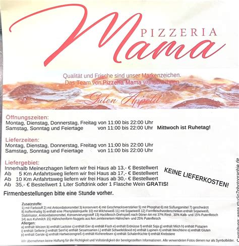 Speisekarte Von Pizzeria Mama Meinerzhagen Oststra E