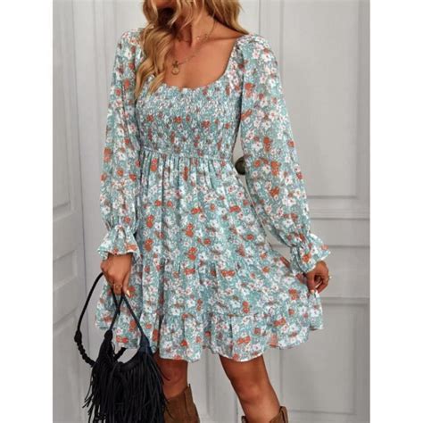 Robe Femme Chic Et Elegant Boheme Fleurie Manches Longues Vacances La