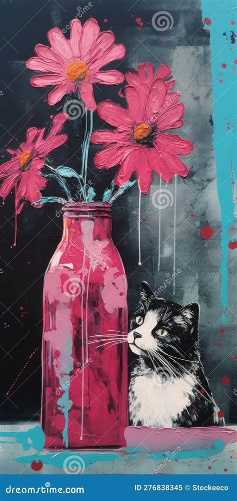 Pop Art Still Life Painting Of Cosmos With Cat Stock Illustration