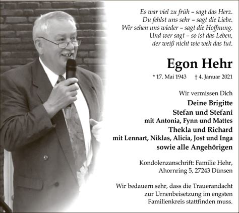 Traueranzeigen Von Egon Hehr Trauer Kreiszeitung De