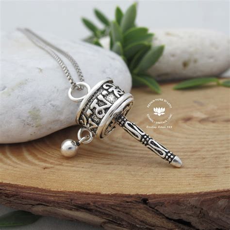 Tibetan Prayer Wheel Necklace in Sterling Silver, Spinning Buddhist ...