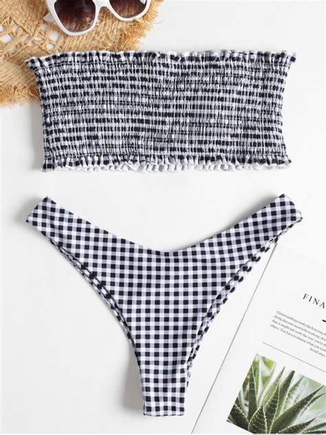 Plaid Smocked Bandeau Bikini With Colorful Stripes All Over This