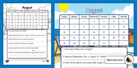 August Reading A Calendar Worksheet For K 2nd Grade Twinkl