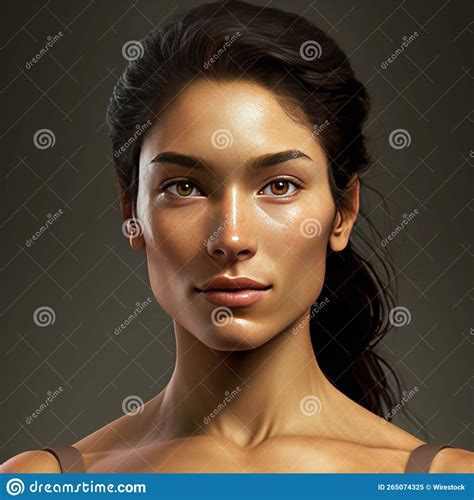 Illustration Of A Pretty Brunette Female Model Face With Brown Eyes Looking Straight At The