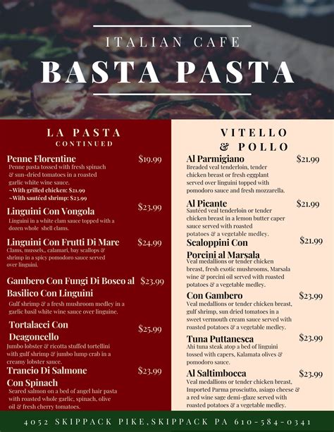 Restaurant Menu Basta Pasta