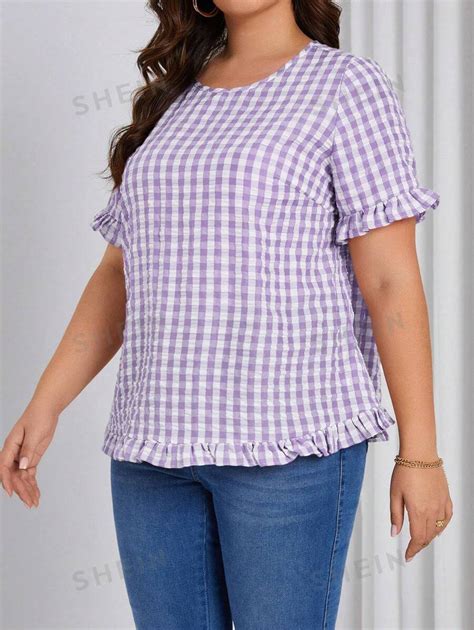 SHEIN LUNE Blusa De Talla Grande Con Estampado De Gingham Mangas