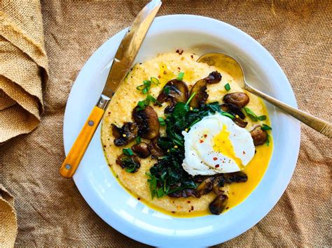 Southern Cheesy Grits Mushrooms Poached Eggs And Spinach