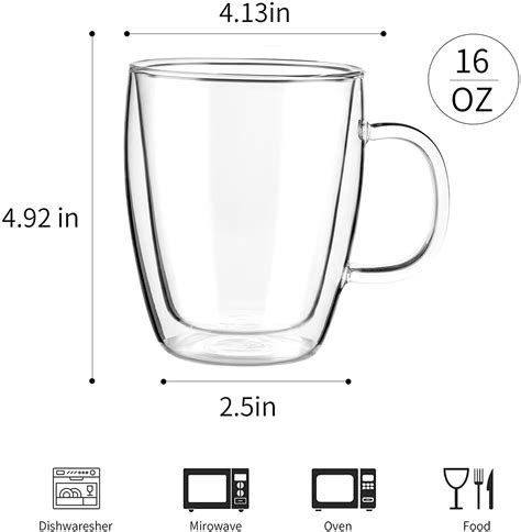 Opspring 16 Oz Double Wall Clear Glass Coffee Mugs Set Of 4