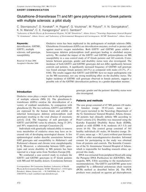 Pdf Glutathione S Transferase T And M Gene Polymorphisms In Greek