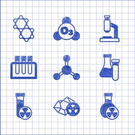 Set Molecule Radioactive Test Tube With Toxic Liquid Microscope And