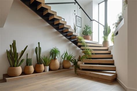 Premium Photo | Interior design with plants on stairs