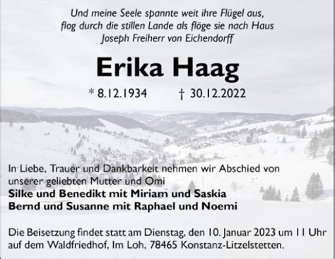 Traueranzeigen Von Erika Haag Trauerportal Ihrer Tageszeitung