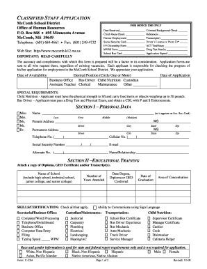 Fillable Online Mccomb K Ms Classified Application Pdf Mccomb