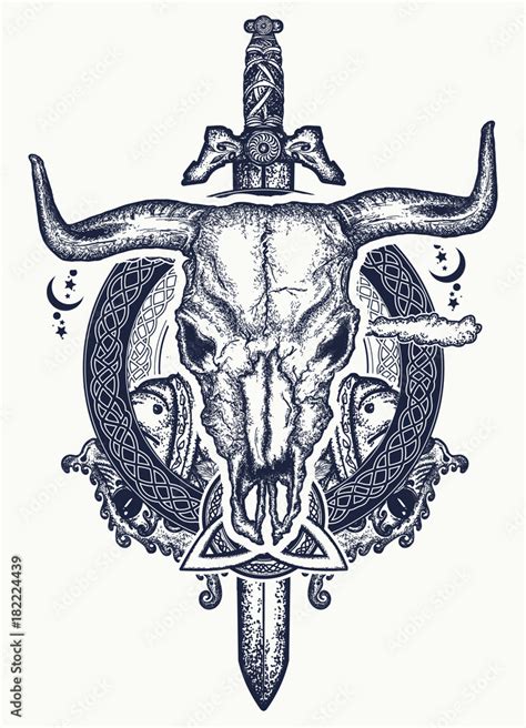 Skull bull and ancient sword tattoo. Symbol of force, courage. Scandinavian mythology. Viking ...