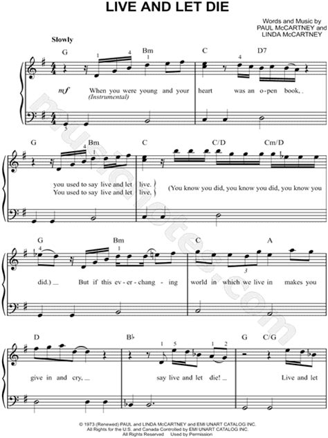 Paul McCartney "Live and Let Die" Sheet Music (Easy Piano) in G Major ...