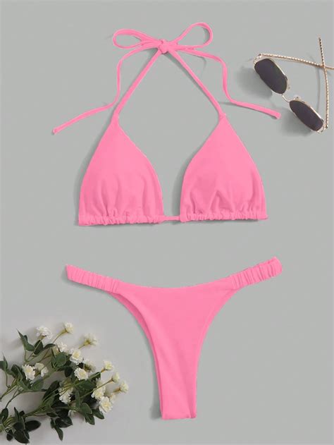 Solid Bikini Set Halter Triangle Bra Thong Piece Bathing Suit